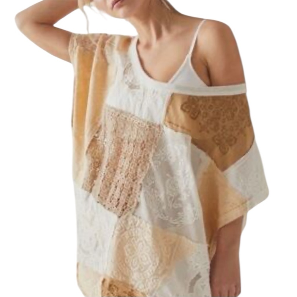 NWT FREE PEOPLE Lace Patchwork Open Back Short Sleeve Top Size Extra Small